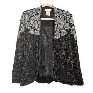 PAPELL BOUTIQUE EVENING Vintage Black/silver beaded open front jacket.Size large